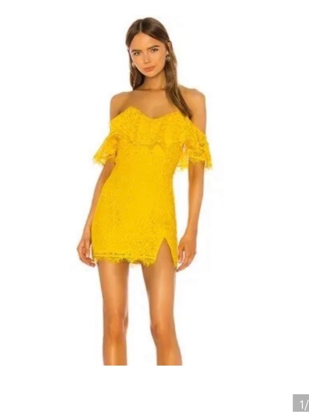 Michael Costello x Revolve Yellow Lace Off-Shoulder Ruffle Mini Dress